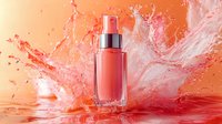 Cosmetic bottle with dynamic water splash in coral pink color scheme against matching background, luxury skincare packaging with liquid motion effect.