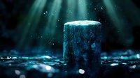 Mystical blue cork floating in dark water with ethereal light beams streaming from above creating magical underwater atmosphere with bokeh effects.