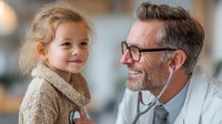 Caring pediatrician with stethoscope examining cheerful little girl in beige sweater during medical checkup at clinic office.