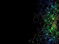 Abstract digital network with glowing nodes and connections on black background for technology presentations and futuristic design projects.