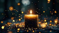 Golden glowing candle with magical bokeh lights and sparkles against dark background creates mystical atmosphere for spiritual and holiday designs.