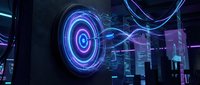 Futuristic neon glowing target with digital holographic interface and data visualization elements in dark tech environment for sci-fi design projects.