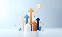 Colorful upward arrows in orange and blue tones representing business growth, financial success, and market trends on light background.