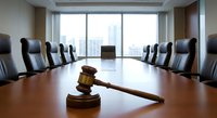 Modern corporate boardroom with wooden gavel on conference table, executive leather chairs, city skyline view through windows for legal business meetings.
