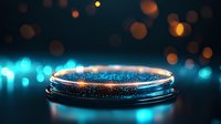 Glowing magical circle with blue and orange bokeh lights on dark background creates mystical atmosphere for fantasy and spiritual designs.