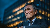 Senior Asian businessman in suit standing confidently against illuminated office building at night, representing corporate leadership and professional success.