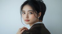Young Asian woman with natural makeup and dark hair in updo wearing brown blazer poses against light background, looking over shoulder with gentle expression.