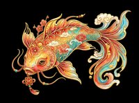 Ornamental koi fish with flowing fins and decorative scales in gold, orange, and turquoise tones. Isolated on transparent background, ready for t-shirts, stickers, sublimation, and print-on-demand designs.
