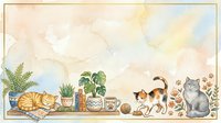 Watercolor illustration of tabby and gray cats resting among potted plants, books, and decorative objects on wooden surface with fern and botanical elements in soft pastel tones.