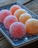 Colorful Japanese mochi ice cream desserts dusted with powdered sugar arranged on traditional blue and white ceramic plate on wooden surface.