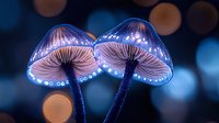 Glowing magical mushrooms with luminescent dots along caps against dark background with bokeh lights, creating mystical forest atmosphere.