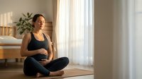 Young pregnant woman in sportswear practicing meditation yoga at home sitting cross-legged on mat in bright bedroom with natural sunlight streaming through window.