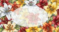 Colorful lily flowers frame with oval copy space, hand drawn botanical art in red, yellow, white and orange tones for greeting cards and invitations.