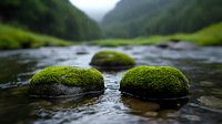 Moss covered rocks in flowing mountain stream with soft focus background of green valley and misty hills, creating serene natural landscape scene.