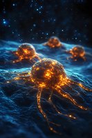 Glowing orange cancer cells with tentacle-like projections floating in blue microscopic environment against dark background with scattered light particles.