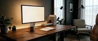 Modern home office workspace with wooden desk, computer monitor, and ergonomic chair in natural lighting for productivity and remote work setup.