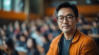 Middle-aged Asian man wearing glasses and orange jacket smiling confidently at camera in professional setting with blurred audience background. Corporate portrait.