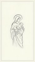 Minimalist line art of Virgin Mary holding baby Jesus with halo, religious illustration for spiritual designs and Christian artwork on neutral background.