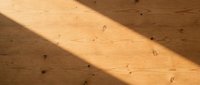 Sunlight casting diagonal shadow across natural wood floor with knots and grain texture detail.