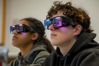 Young diverse students wearing modern VR augmented reality glasses with purple glow in classroom setting, engaged in immersive educational experience.