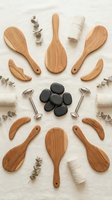 Natural wooden massage tools arranged with hot stones, eucalyptus leaves and towels for spa wellness treatments and relaxation therapy sessions.