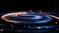 Glowing spiral of light trails with blue and orange particles creating cosmic galaxy effect against dark background. Suitable for science and technology designs.