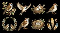 Sparrow birds collection with nests, feathers, and foliage elements isolated on transparent background. Ready for t-shirt designs, clipart, stickers, sublimation, and print-on-demand projects.