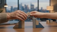 Adult and child hands placing wooden blocks together forming house shape with city skyline view through office window, symbolizing family real estate investment and home building partnership.