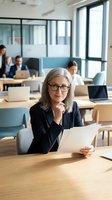 Mature woman with gray hair and glasses wearing black blazer holding tablet in modern office workspace with colleagues working at desks behind her.