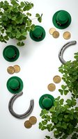 St. Patrick's Day celebration flat lay with green leprechaun hats, horseshoes, gold coins and clover leaves on white background for holiday decorations.