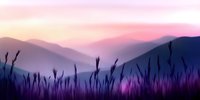 Serene mountain landscape at dawn with layered purple hills and silhouetted grass in foreground creating peaceful nature scene for meditation and wellness content.