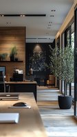 Modern luxury office interior with wooden wall panels, olive tree in black pot, and minimalist furniture. Natural light streams through floor-to-ceiling windows.