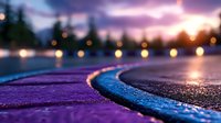 Curved blue and purple curb detail at sunset with bokeh lights and dramatic sky, shallow depth of field creates dreamy urban atmosphere at dusk.