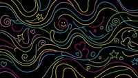 Colorful neon flowing lines and swirls pattern on black background with stars and hearts creating vibrant abstract design for modern digital artwork.