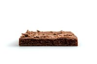 Fresh baked chocolate brownie slice with rich fudgy texture and crackly top surface shown in profile view on white background, isolated for commercial food photography.