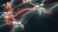 Abstract flowing light trails in coral and teal colors creating dynamic energy waves on dark background for modern digital art and technology concepts.