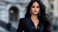 Young woman with long dark hair wearing elegant black lace blazer and statement earrings against blurred urban background.