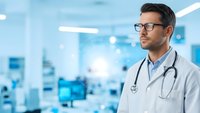 Professional male doctor with glasses and stethoscope in modern hospital setting looking confidently ahead for medical healthcare concepts.