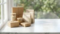 Eco-friendly packaging collection with kraft paper bags, cardboard boxes and glass jars arranged on white windowsill for sustainable shipping solutions.