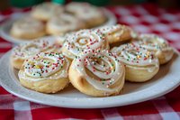 Spiral pastry rolls topped with colorful sprinkles arranged on white plate over red checkered tablecloth, perfect for bakery, dessert, and food styling projects.