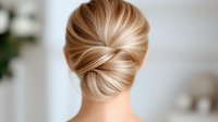 Elegant twisted low bun hairstyle in blonde hair shown from behind, featuring smooth styling and professional updo technique for special occasions and bridal looks.