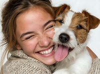 Young woman with joyful expression hugging Jack Russell terrier dog against white background, showcasing pet companionship and happiness.