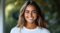 Young woman with radiant smile and natural makeup wearing white t-shirt against blurred green background. Casual lifestyle portrait showing genuine happiness and confidence.
