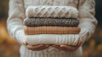 Neatly folded warm knitted sweaters in neutral beige and gray tones held in female hands wearing cozy white cable knit sweater. Autumn fashion and comfort concept.