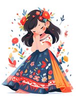 Young Asian girl in floral dress with long black hair and flower crown, surrounded by colorful blooms and leaves on white background, illustration style for children books.