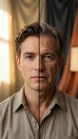 Split portrait showing aging process transformation from young to elderly man with wrinkles and gray hair in warm indoor setting.