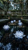 Floating crystal lotus flowers in tranquil garden pond with warm string lights creating magical evening ambiance for meditation and wellness concepts.