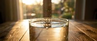 Clear glass of water with splash droplets on wooden table in warm sunlight streaming through window creating golden hour atmosphere for wellness concepts.
