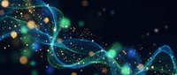 Glowing blue and green digital wave lines with golden bokeh particles on dark background, futuristic technology concept for banners and wallpapers.