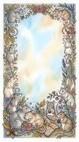 Watercolor decorative frame with cute mice, flowers, acorns and leaves, soft pastel background with copy space for text or design.